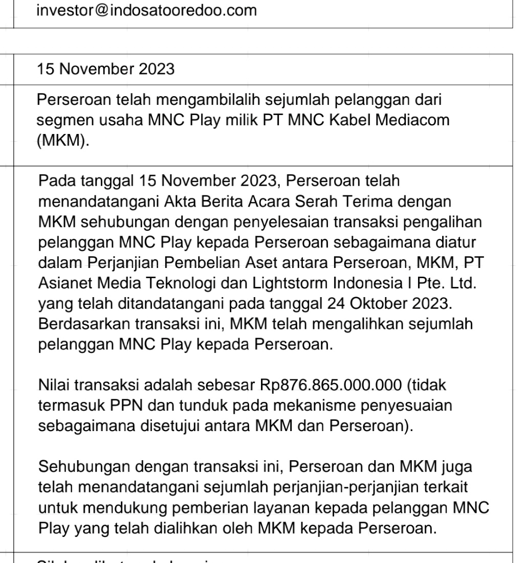 zaidmut's tweet image. Indosat telah mengakuisisi pelanggan MNC Play dengan nilai transaksi 876 milyar, Aksi korporasi ini akan memperkuat bisnis FMC Indosat HiFi, sebagaimana dilakukan dua kompetitornya yaitu Telkomsel One (Indihome) dan XL Axiata Home (First Media) #TLKM #ISAT