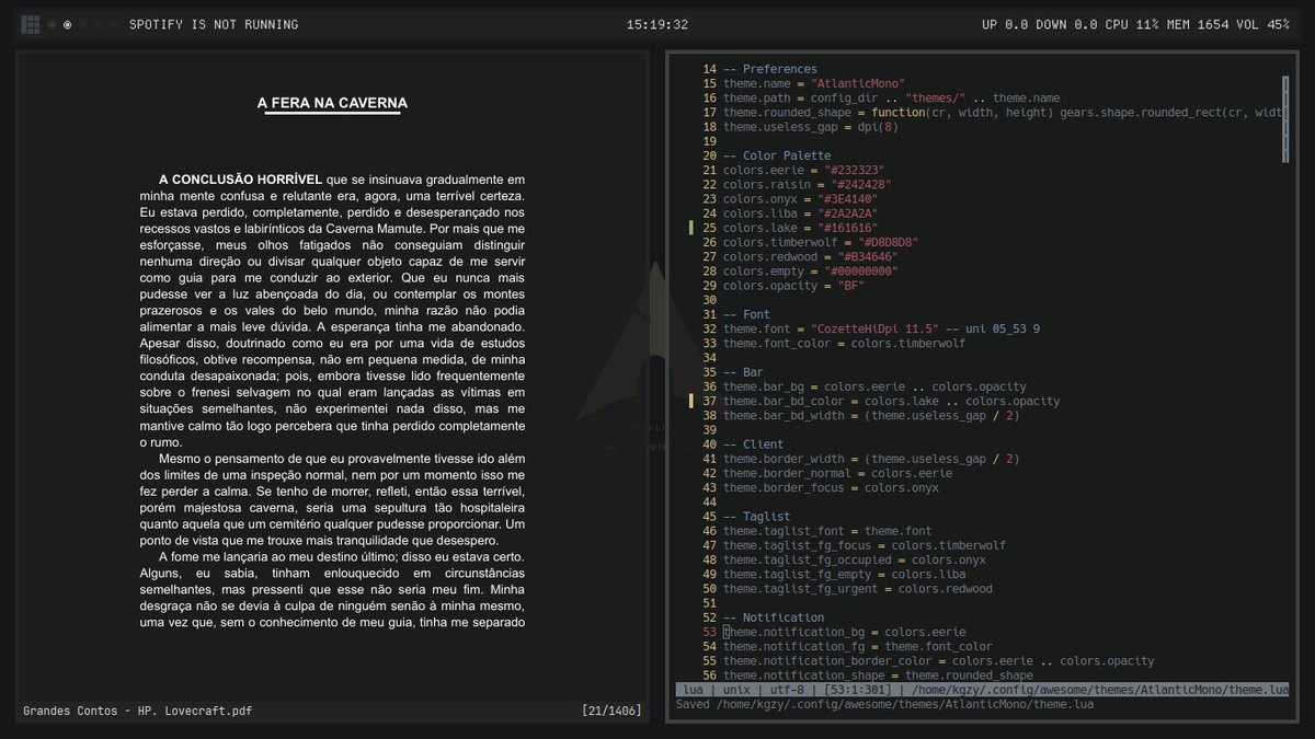 PinguimCriativo's tweet photo. Arch Linux + awesome
By: @paodotdev
Tema / Theme: Atlantic Mono
Ícones / Icons: Qogir Dark
Shell: fish
Terminal: Alacritty
•
Telegram: https://t.co/SyU4JRACjD
•
#Linux #FreeSoftware #OpenSource #SoftwareLivre #LinuxSetup #ArchLinux #awesome #LigaLinux https://t.co/j5L9rO0CRX