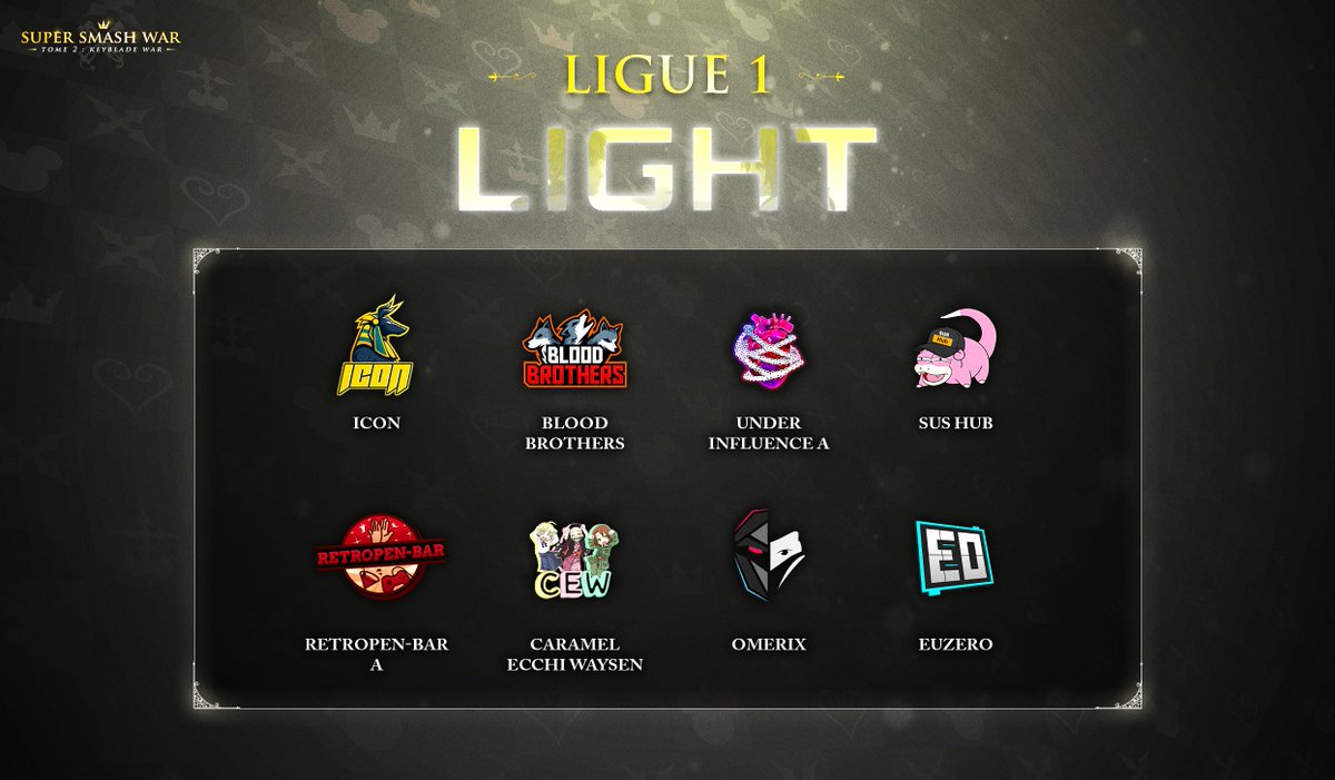 Et enfin, voici la Ligue 1 LIGHT qui est composée des équipes suivantes :
<a href="/Euzero4/">Euzero</a> 
<a href="/TeamOmerix/">Team Omerix</a> 
<a href="/CEWTeam/">CaramelEcchiWaysen</a> (Equipe A) 
<a href="/RetropenBar/">Rétropen-Bar</a> (Equipe A)
 <a href="/SusHub_BTH/">Sus Hub | BTH</a> 
<a href="/UnderInfluenceW/">Under Turbulence</a> (Equipe A) 
<a href="/BloodBrotherSsb/">Blood Brothers</a> 
<a href="/ICON_SSB/">ICON 🇪🇺</a>