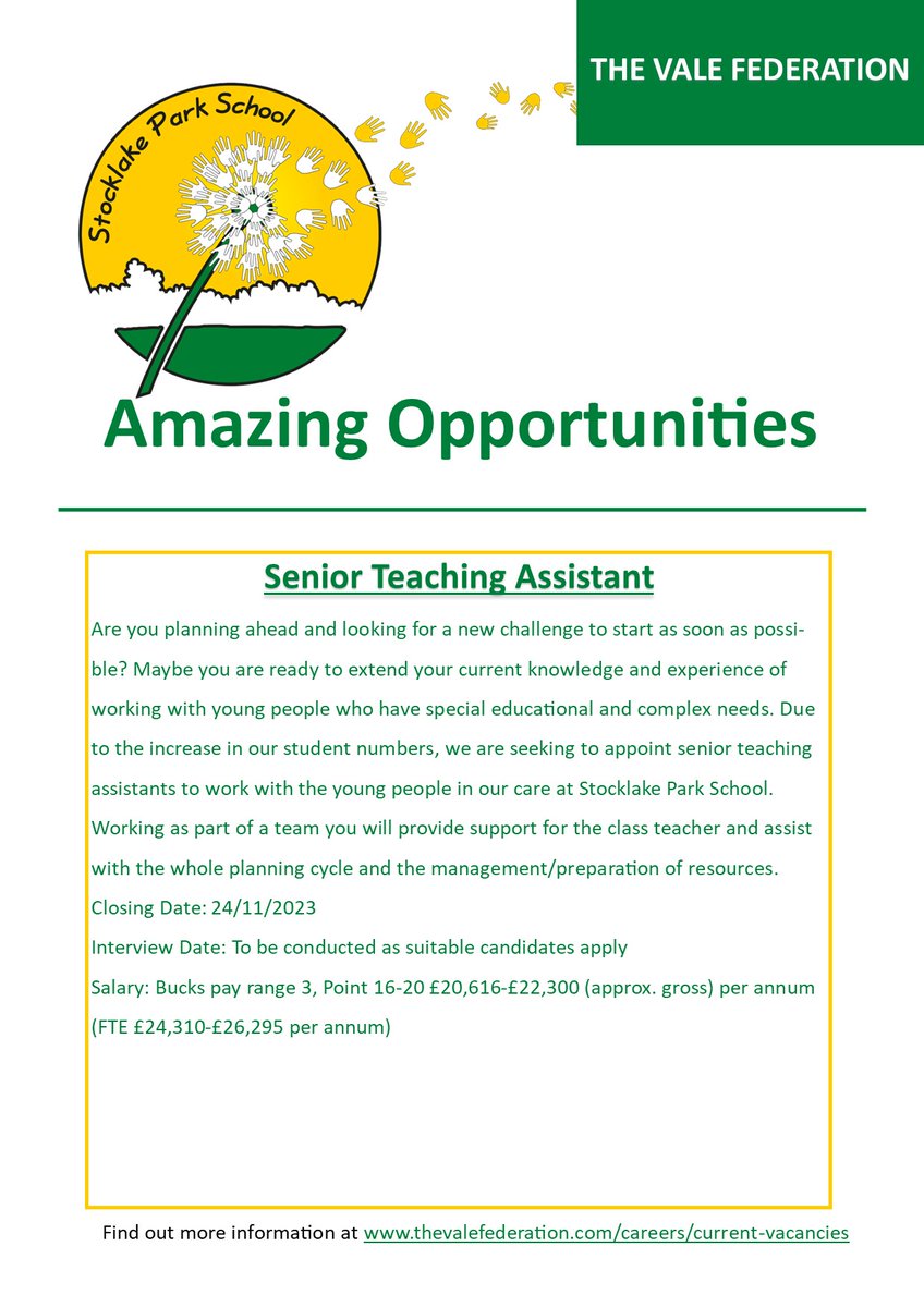 Happy Friday! Why not start your weekend looking at the amazing opportunities currently available across The Vale Federation.
Click the link to learn more: thevalefederation.com/careers/curren…