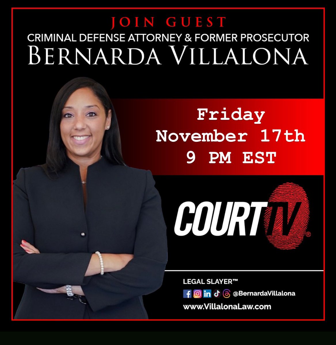 VillalonaLaw's tweet photo. TGIF! …tune in 📺 Friday, 11/17th at 9 PM EST to @CourtTV #CourtTV #ClosingArguments #ThinkTank
#villalonalaw #villalona #BernardaVillalona #LEGALSLAYER™ #legalslayer #legalcontributor #LegalAnalyst #criminaldefenseattorney #criminaldefense #prosecutor #trialexpert #trialconsultant #FormerNYprosecutor #formerprosecutor #justice #trialattorney #trial #jurytrial #guilty #notguilty #voiceofvoiceless #legalcommentary