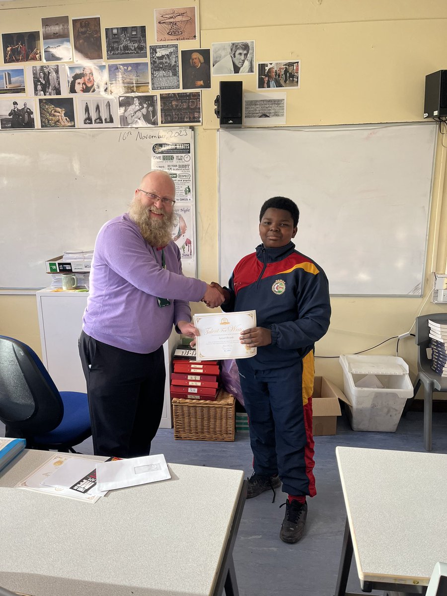 QMGSPetypher's tweet photo. Sam proudly receiving his award for poetry from Mr Short this morning.

Great to see members of Petypher continuing to thrive and succeed.

#academicinpurpose https://t.co/TtrZpRcBAg