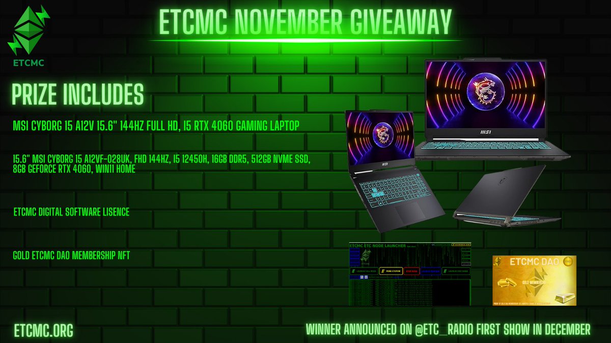 #ETCMC November #Giveaway time🚀🚀🚀
To enter:      
🔥 Like, retweet, tag 4 friends.    
🔥 Follow <a href="/ETCMC777/">ETCMC</a> 
🔥 Follow <a href="/ETC_Radio_/">ETC Radio</a> 
🔥Comment #ETC 
🔥Join the ETCMC Telegram group t.me/+tZVSbPGAaWM1Y…
 
Rules: 1 entry per person and must be listening live on
<a href="/ETC_Radio_/">ETC Radio</a> show