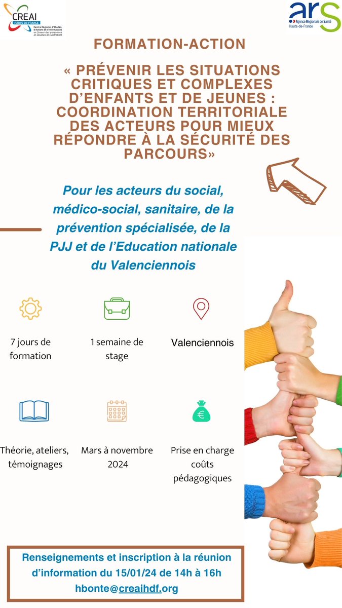 📢 [Formation-Action]

"Prévenir les situations critiques et complexes d'enfants et de jeunes : coordination territoriale des acteurs pour mieux répondre à la sécurité des parcours".
❗ 🗺 Secteur de Valenciennes ❗
📆 Le 15 janvier 2024 de 14H à 16H
hbonte@creaihdf.org