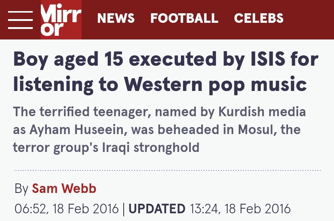 Giliran daftar penggal kepala berikutnya adalah kalian wahai moderat penggemar KPOP, jrock, fans Coldplay, monsternya Lady Gaga, Swifties, Beyhive dan penggemar musik2 kafir lainnya. Tegakkan khilafah, maka kepala kalian akan LDR dengan bodi kalian.