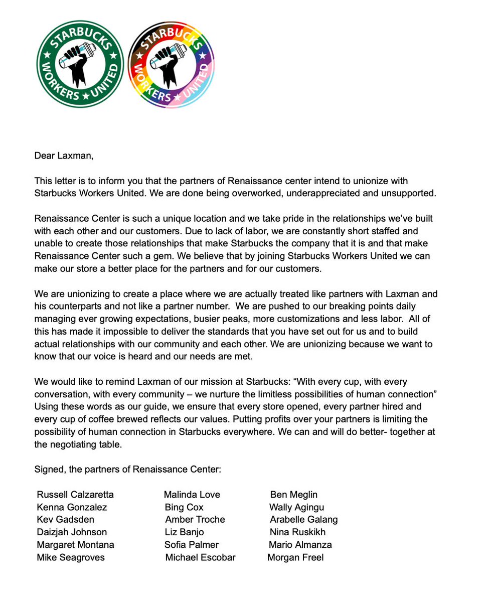 Welcome the partners of Renaissance Center in Durham, North Carolina, who are unionizing to become the next organized Starbucks in the south! ✊🔥
