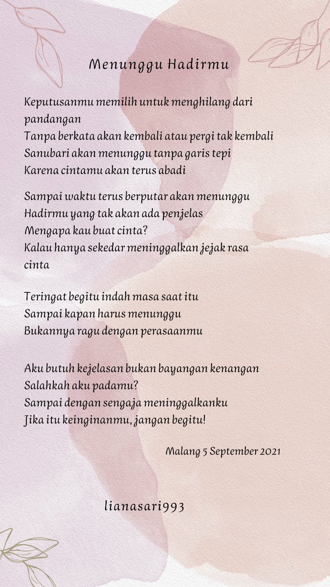 cerlians's tweet photo. Puisi Menunggu Hadirmu

#puisi #puisicinta #syair #prosa #sastra #rindu #lianasari993 #cerlians #literasi https://t.co/h0JQdLOog6