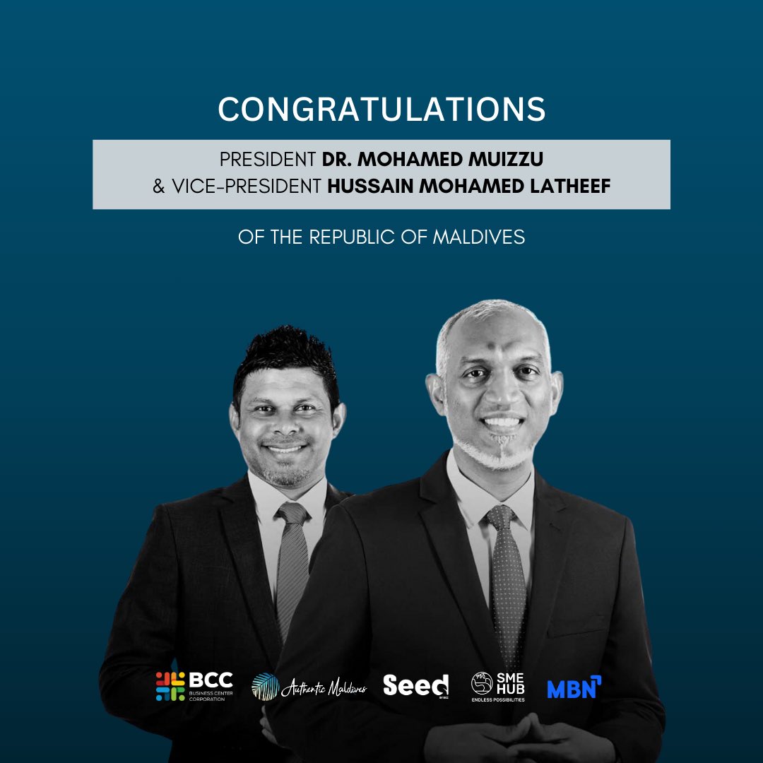 BCC and our Regional Business Centres from across the atolls rejoice on this momentous inauguration day congratulating the newly-elected President Dr. Mohamed Muizzu and Vice President Hussain Mohamed Latheef. 

<a href="/Authentic_MV/">AuthenticMaldives</a> 
<a href="/SEEDbybcc/">SEED by BCC</a> 
<a href="/Smehub_MV/">SME Hub</a> 
<a href="/mbn_mv/">Maldives Business Network</a>