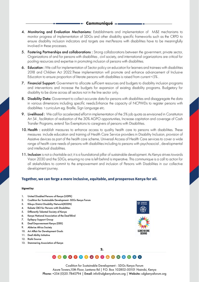 SDGsKenyaForum's tweet photo. To Key Decision-Makers in Kenya on Enhancing Inclusion and Empowerment of Persons
with Disabilities (PWDs) in Achieving Sustainable Development Goals. #InclusionOfPWDs #SDGs https://t.co/wx0OyroOyB