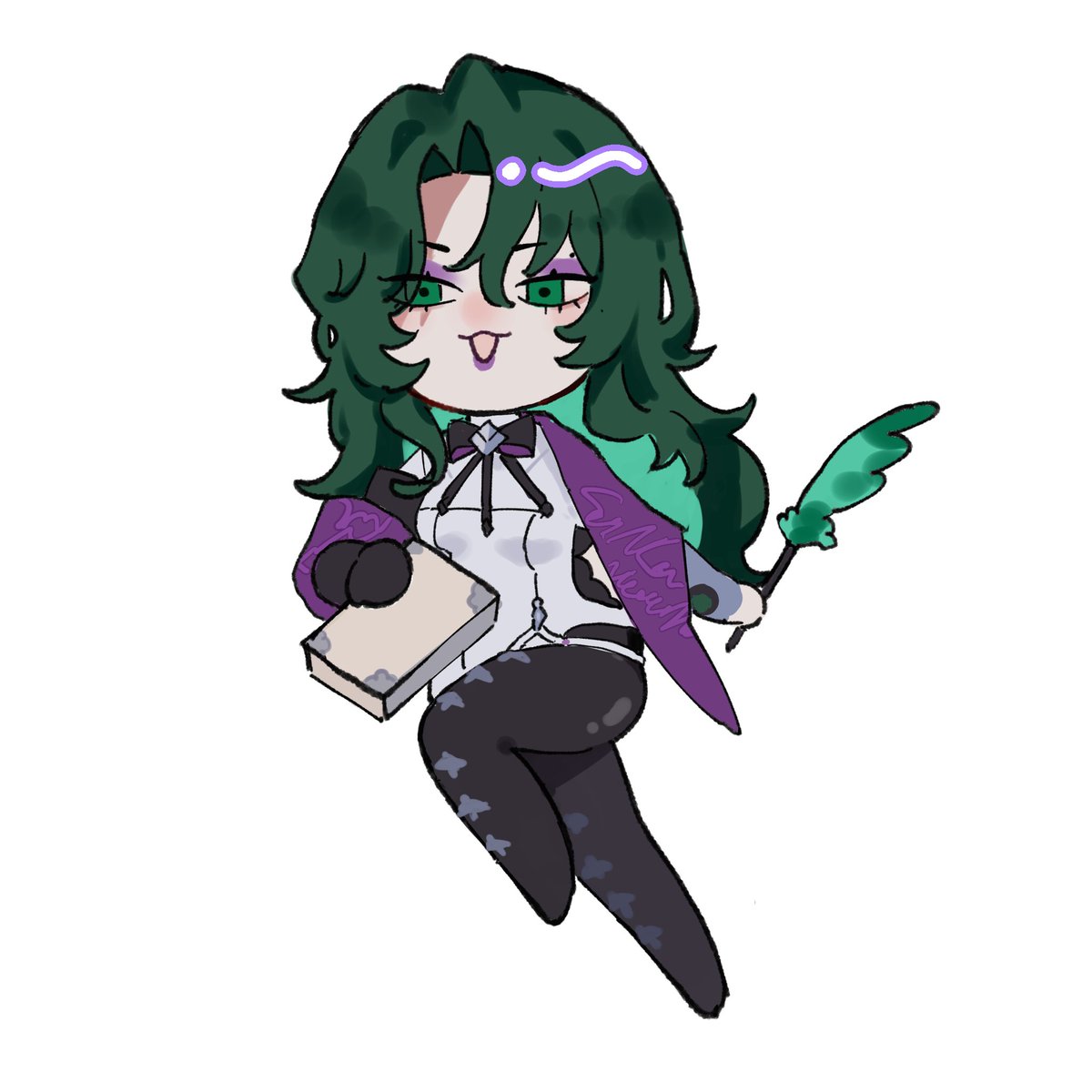 1girl solo green hair green eyes long hair chibi quill  illustration images