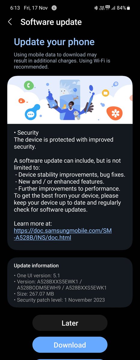 OAswinJKumarO's tweet image. 𝐍𝐞𝐰 𝐔𝐩𝐝𝐚𝐭𝐞💠 
Samsung #GalaxyA52s (India)
✅️Security Patch: 1 November 2023

●Security
The device is protected with improved security

Size ~ 267.07 MB (@SamsungIndia) 
#SamsungGalaxy