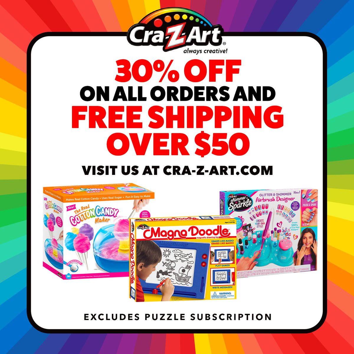 🌟 Dive into a world of creativity this holiday season like never before! Check out the Cra-Z-Art website today and receive 30% off and FREE SHIPPING for orders exceeding $50! 🎨✨ cra-z-art.com
