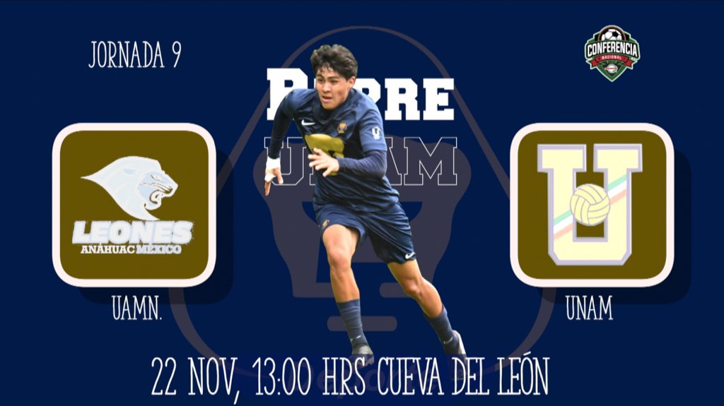 Repreunamvar's tweet photo. 🚨¡HOY JUEGA PUMAS!🚨

Último encuentro del torneo en 2023, es la Jornada 9 de la Conferencia Nacional y visitamos a la Leones 🦁 de la Universidad Anáhuac del Norte

🗓 22 de Noviembre 
🏟 La Cueva del León
⏰ 13:00 horas
🆚️ @anahuac 
🏆 @CONADEIPmx 

#DaleRepre https://t.co/9DgWs5iCR5