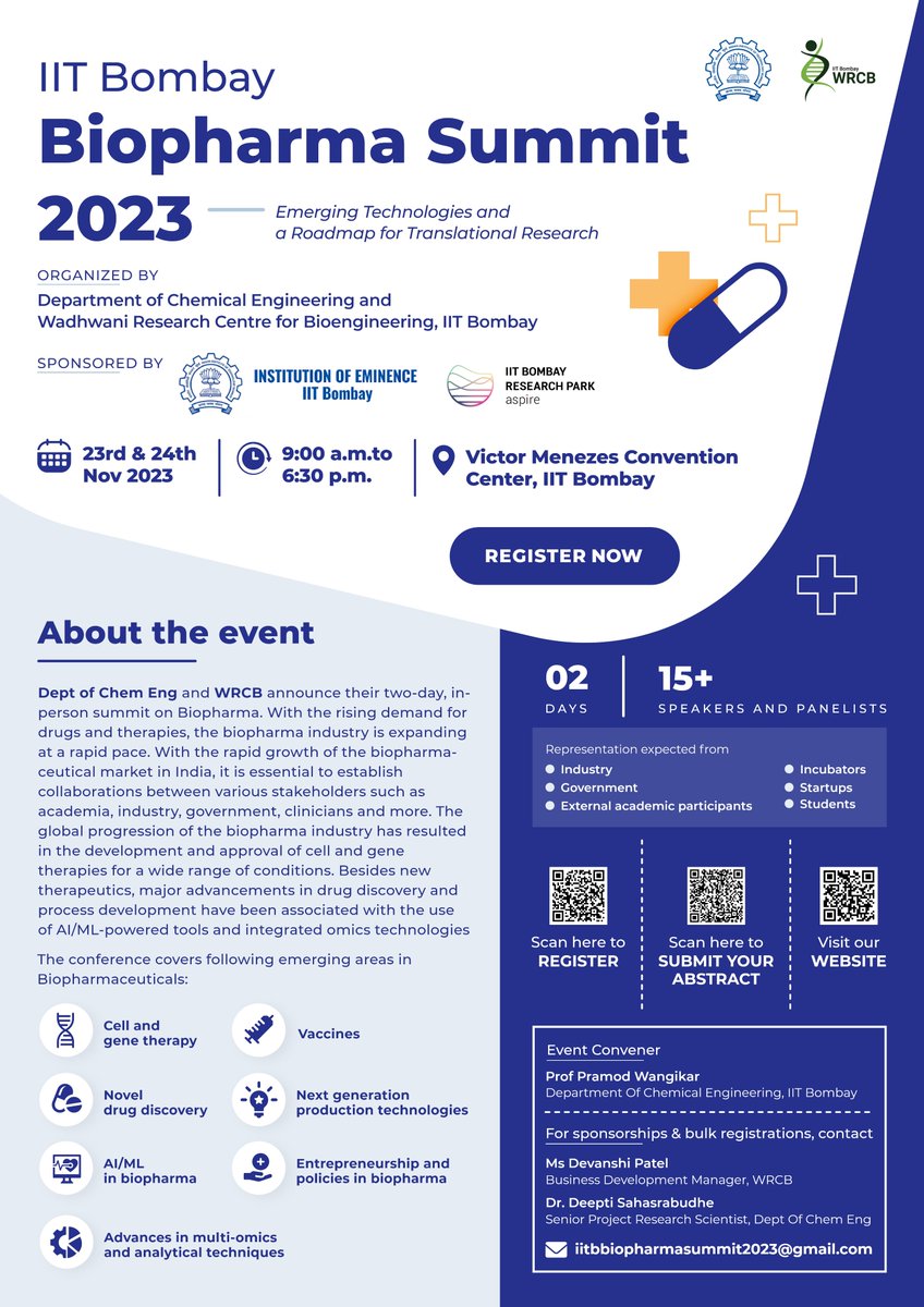 The #IITB Biopharma Summit 2023 on the 23rd and 24th Nov will bring together experts for a discussion on the emerging technologies in #biopharma and their #clinicaltranslation. Explore groundbreaking research & network with industry leaders. 

Register at iitbbiopharmasummit2023.com.