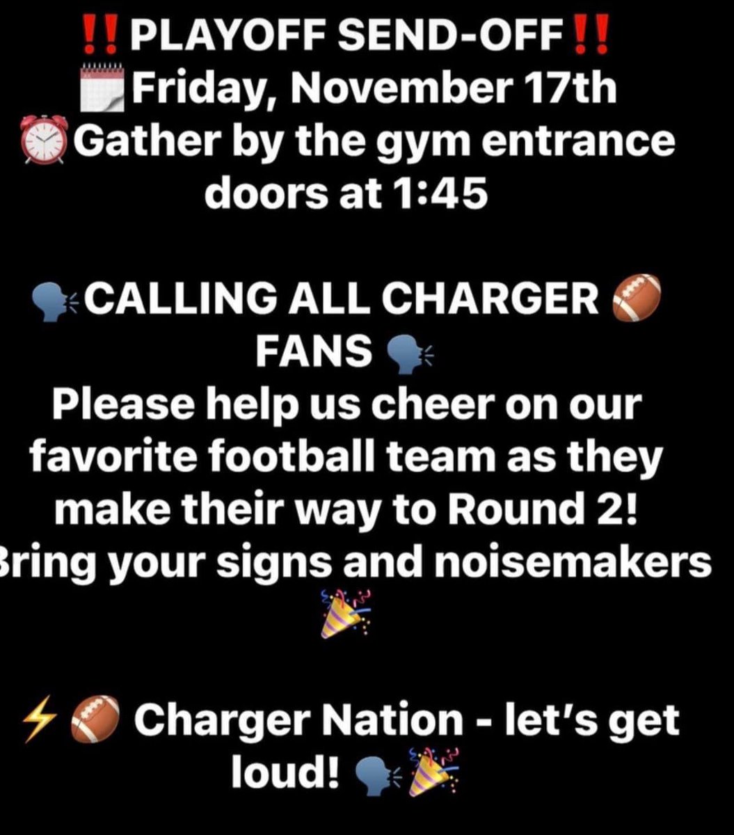 ‼️Don’t forget TODAY at 1:45pm to help hype up our Chargers as they face off for round 2 in the playoffs!!  Let’s go CHARGERS‼️⚡️⚡️⚡️