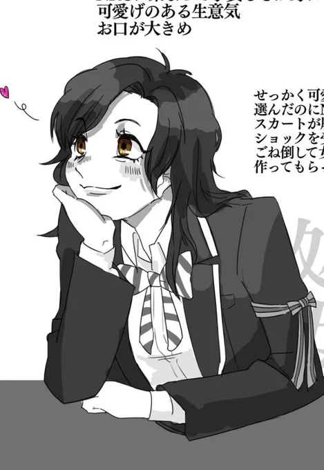 @kanomanman カラー無くて申し訳ないですが、黒髪天パです…!ギャルっぽい生意気な今時の子って感じで…お願いしてもいいですか…! 