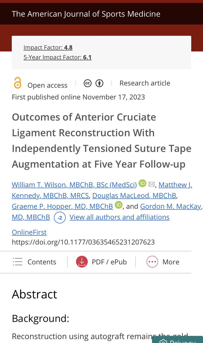 Exciting findings for outcomes following ACL reconstruction with #internalbrace augmentation <a href="/HopperGraeme/">Glasgow Knee Surgery Clinic - Graeme Hopper</a> <a href="/mackayclinic1/">Prof Gordon Mackay</a> @AJSM_SportsMed 

journals.sagepub.com/doi/10.1177/03…