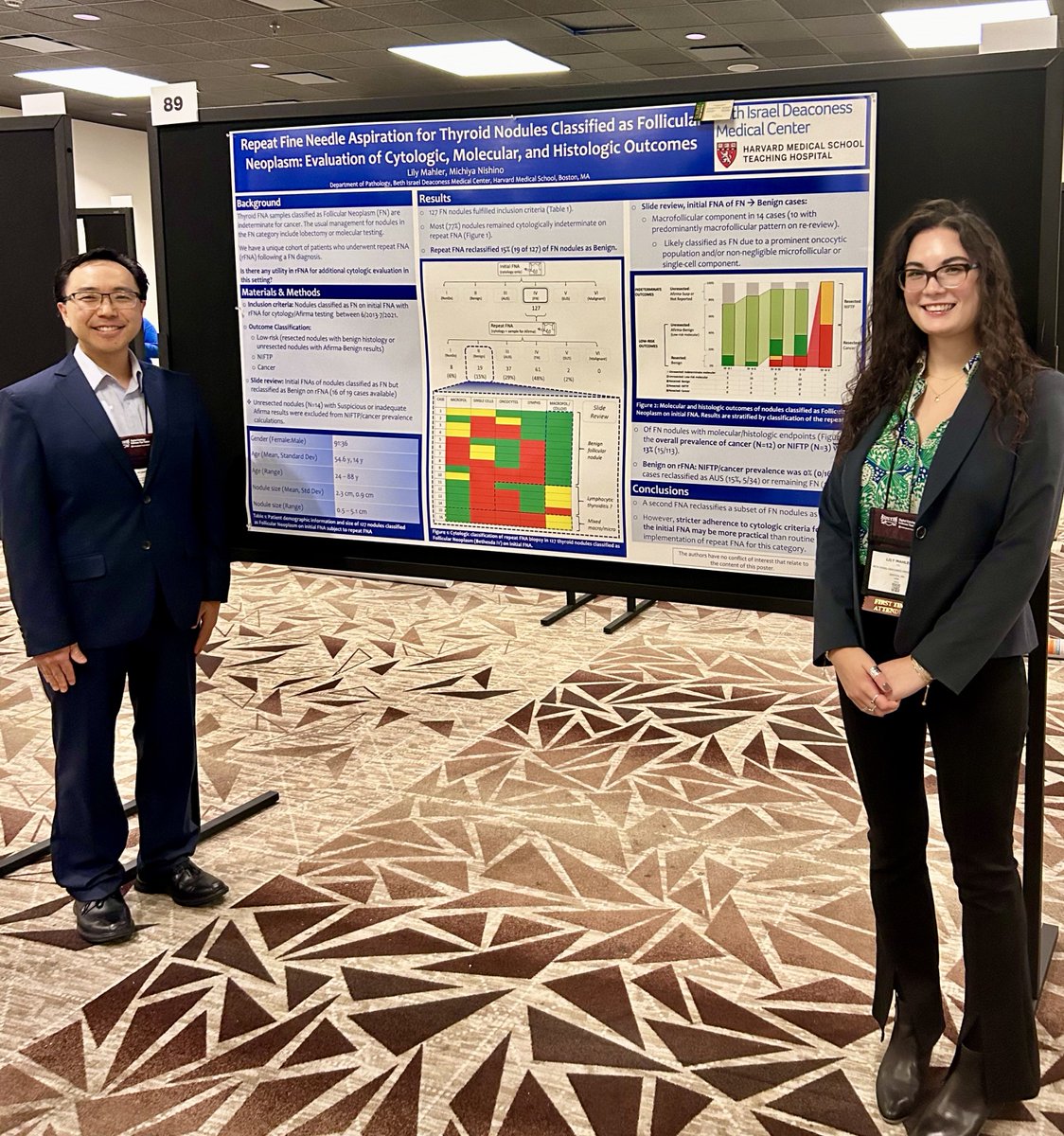 ⚜️BIDMC Pathology at #ASCyto23 ⚜️ Drs L. Mahler and M. Nishino next to their poster on 'Repeat FNA for Thyroid Nodules Classified as Follicular Neoplasm: Evaluation of Cytologic, Molecular and Histologic Outcomes' At @cytopathology 's Annual Meeting! @BIDMCpath represent!!!