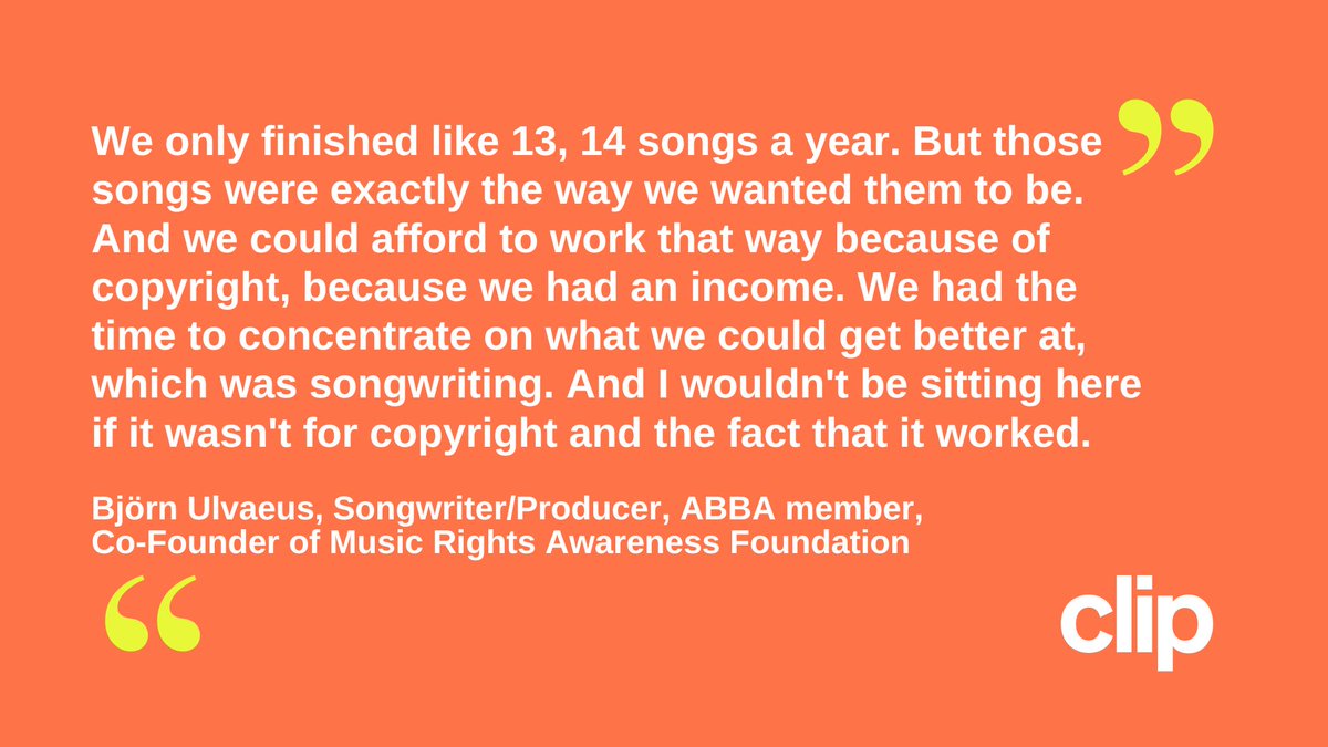 Björn Ulvaeus, #ABBA member and co-founder of Music Rights Awareness Foundation, reflects on the role of copyright in his career⤵️ 

He joined us at WIPO for the launch of 𝗖𝗟𝗜𝗣 – a new digital awareness platform for creators.  

More: ow.ly/f8m950Q8VCj 

#goCLIPnow