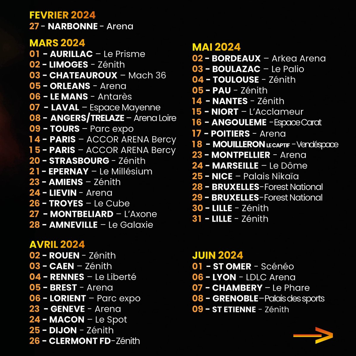 PatrickBruel's tweet image. Quel démarrage ce matin sur les nouvelles dates !
Vous êtes décidément incroyables! 🎶💥
Voici toutes les dates annoncées du #Tour2024 🎫
A tout à l'heure... 🎸🔥