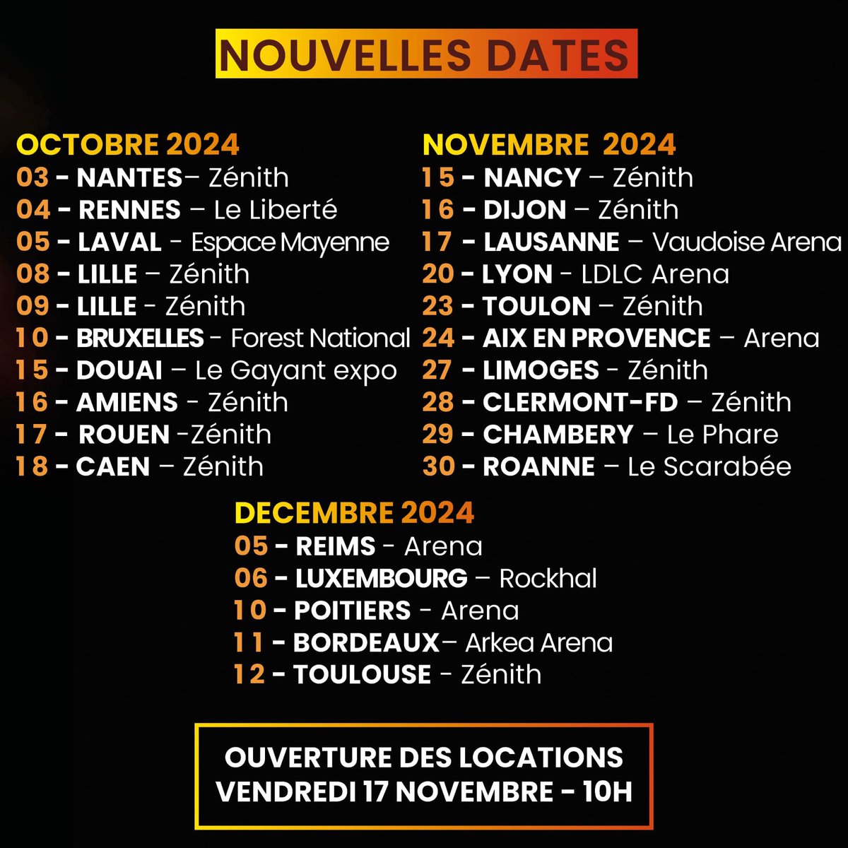 Quel démarrage ce matin sur les nouvelles dates ! Vous êtes décidément incroyables! 🎶💥 Voici toutes les dates annoncées du #Tour2024 🎫 A tout à l'heure... 🎸🔥