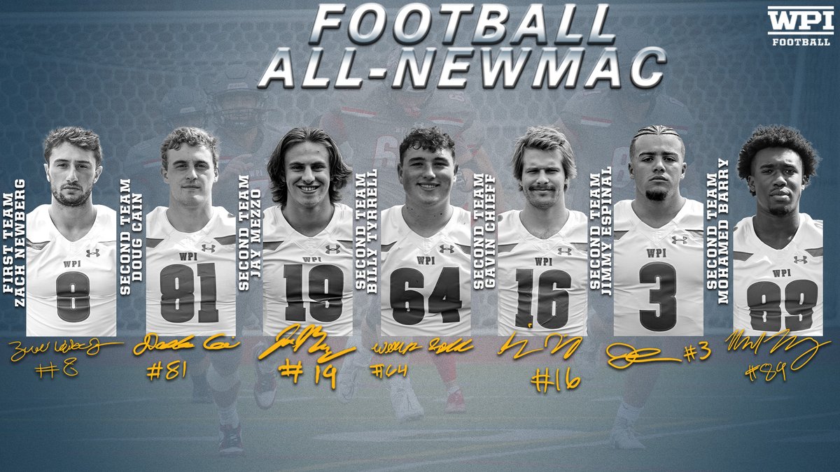 .@WPIFootball Posts Seven on 2023 @NEWMACSports Postseason Football All-Conference Teams 🙌 Back-to-back All-NEWMAC nods for Newberg and Chieff🔥 Full read here! ⤵️ 📰↠tinyurl.com/5d8hrbuj 🏈𝚡🐐 #GoatNation #d3fb