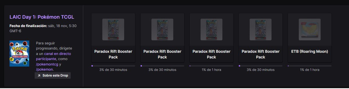 Ahora mismo hay drops disponibles por ver TCG Day 1 | 2024 Pokémon Latin America International Championships
solo tienen que verlo 1 hora y vincular sus redes a twitch, cuentenme que les salio