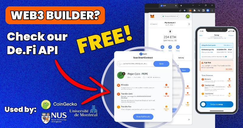 DeFi's tweet photo. 🚨 At @DeFi we have spent 2 years of development to launch Web3's First Antivirus.

⚡️ You can build it in 2 days using our API.

And yes, it’s completely FREE to use.

Access the API here 👇