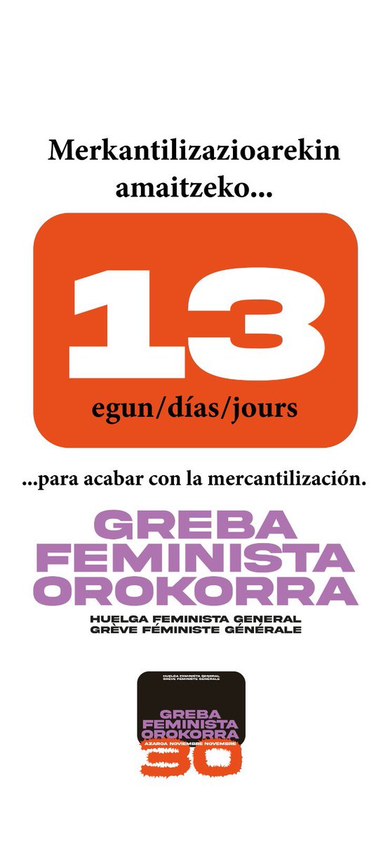 13 egun… // 13 días… // 13 jours…

#Az30Nov
#GrebaFeministaOrokorra
#HuelgaFeministaGeneral
#ZaintzaEskubideKolektiboa
#DerechoColectivoAlCuidado