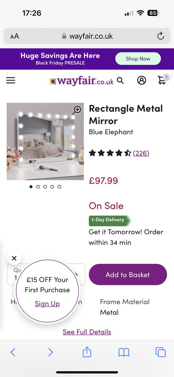 skipratmummy's tweet photo. Another another #BlackFriday2023 rip off! This time @Wayfair Yesterday this mirror was £84.99 down from 93.99, today the exact same one is now £97.99! I took a screen shot before I clicked the page to show the difference! @MartinSLewis talks about stuff like this all the time! https://t.co/z0xKzwWFhC