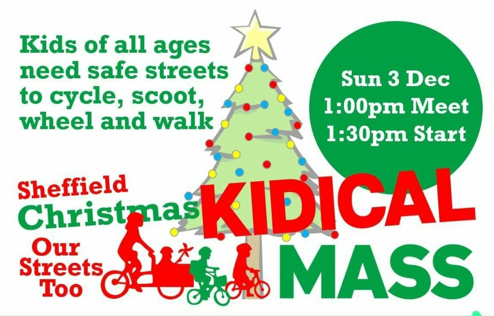 Save the date! Sheffield Kidical Mass is back for a Christmas ride on 3 Dec from Endcliffe Park to city centre 🎄 full details available to share soon...

#KidicalMass 
#KidsOnBikes 
#BikeBus