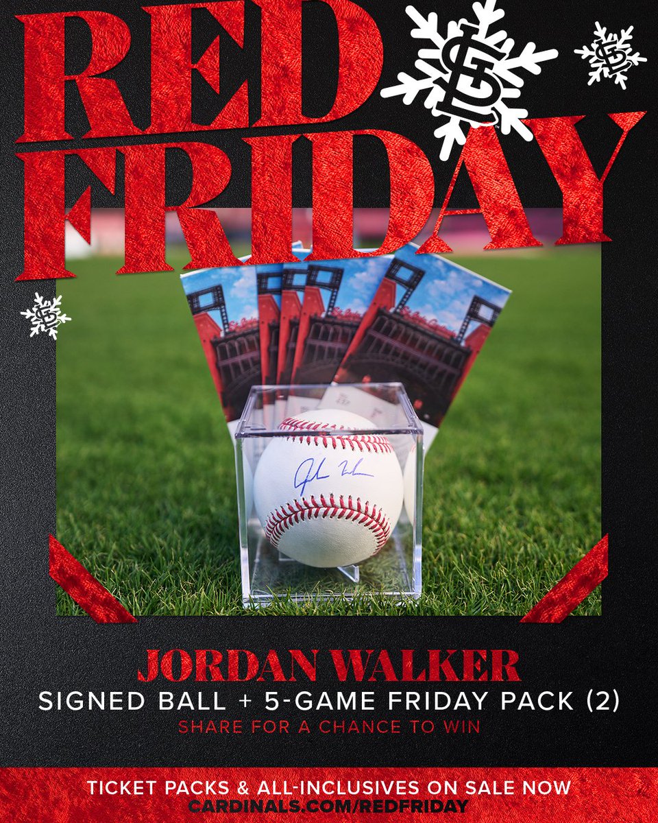 Celebrating Red Friday with a giveaway! Hit share for a chance to win a 5-Game Friday Pack for you and a friend AND a baseball signed by Jordan Walker! Ticket Packs and All-Inclusive Tickets are on sale now at cardinals.com/redfriday!