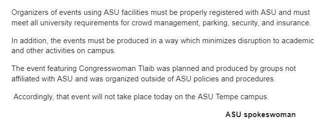 brahmresnik's tweet photo. NOW Arizona State University cancels @RashidaTlaib speech skedded for 4 p.m.  today at Tempe campus. https://t.co/a1gqx07zQf