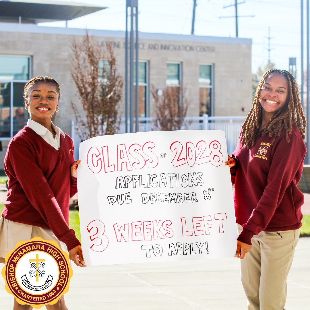 BMHSMustangs's tweet photo. Only 3 weeks left until the Bishop McNamara High School application deadline, Friday, December 8, 2023! ๐ Apply now to be a part of the BMHS family! ๐ซ๐ #BMHSMustangs #ApplyNow #FutureLeaders #CountdownToDeadline ๐๐ https://t.co/6yLwU5xalC