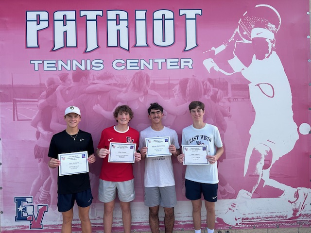 Congratulations to these Patriot tennis players!
2nd Team All-District Boys Singles
Line 1 - Paul Gipson
Line 4 - Adrian Blankenship
Line 5 - Deklen Nates (not pictured)
Line 6 - Jack Testone
Honorable Mention All-District Boys Singles
Line 3 - Max Hogue