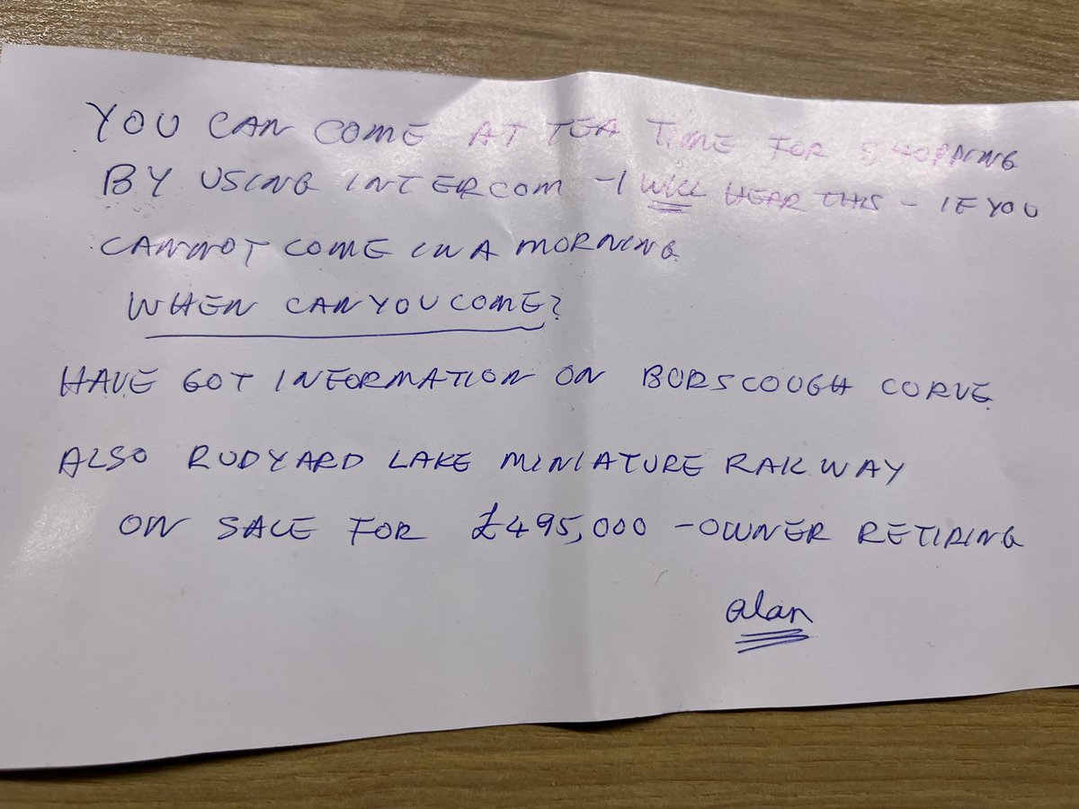 bunnylodge's tweet photo. Here’s an urgent note alan posted through my door , regarding the burscough curve and rudyard lake miniature railway being up for sale . Really he just wanted to know when I was taking him shopping. #Alan #alanfans #alansarmy https://t.co/egO1dMLWEg