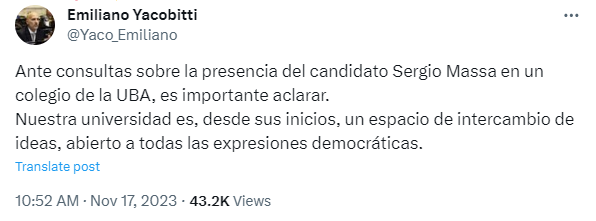 CarlosMaslaton's tweet photo. Es increíble que haya que aclarar esto. Siempre los candidatos van a la UBA. Siempre se hace política en la UBA. Los que somos de la UBA no queremos un campus universitario yankee alejado de la realidad. Las autoridades de la UBA se eligen en elecciones que son políticas. https://t.co/WSha3Wc9VM