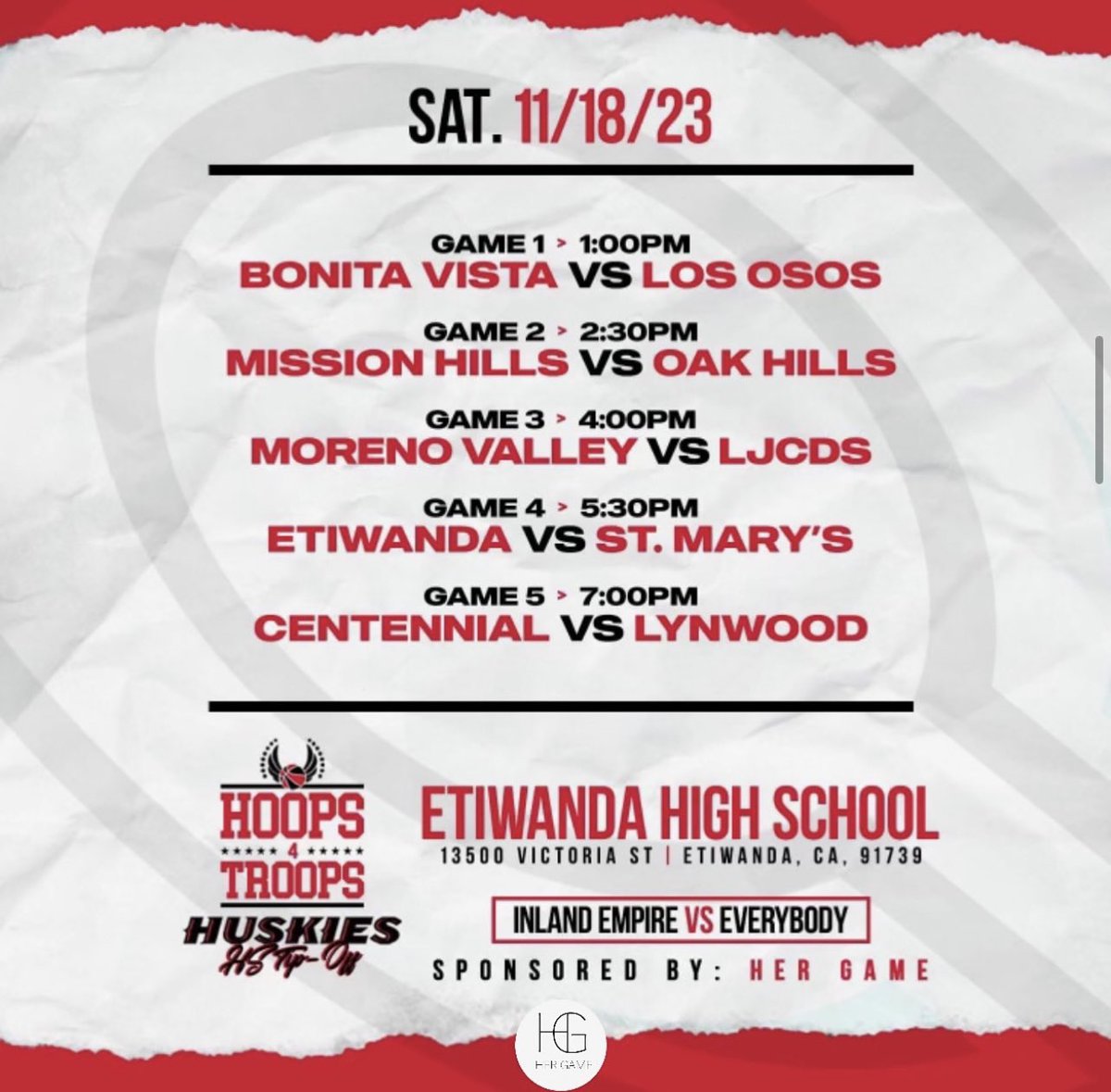 ****Centennial Girls Presents**** Hoops 4 Troops Huskies High School Invitational TOMORROW ➡️ Saturday, November 18th @ Etiwanda High School. See you there!!! @kareemhaughton1 @Coach_Delus @Dave_Yapkowitz @MattyK31 @ImanniWright @IESportsNet @theevoiceof @CreativeNLB5