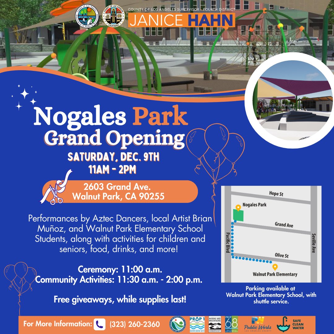 🎉Celebrate the grand opening of Nogales Park with Sup. Janice Hahn! The new park boasts a splash plaza, playground, performance stage, and more! 👀Hidden below is an innovative stormwater capture project, part of Hahn &amp; LA County's commitment to sustainability. 📅Join us 12/9!