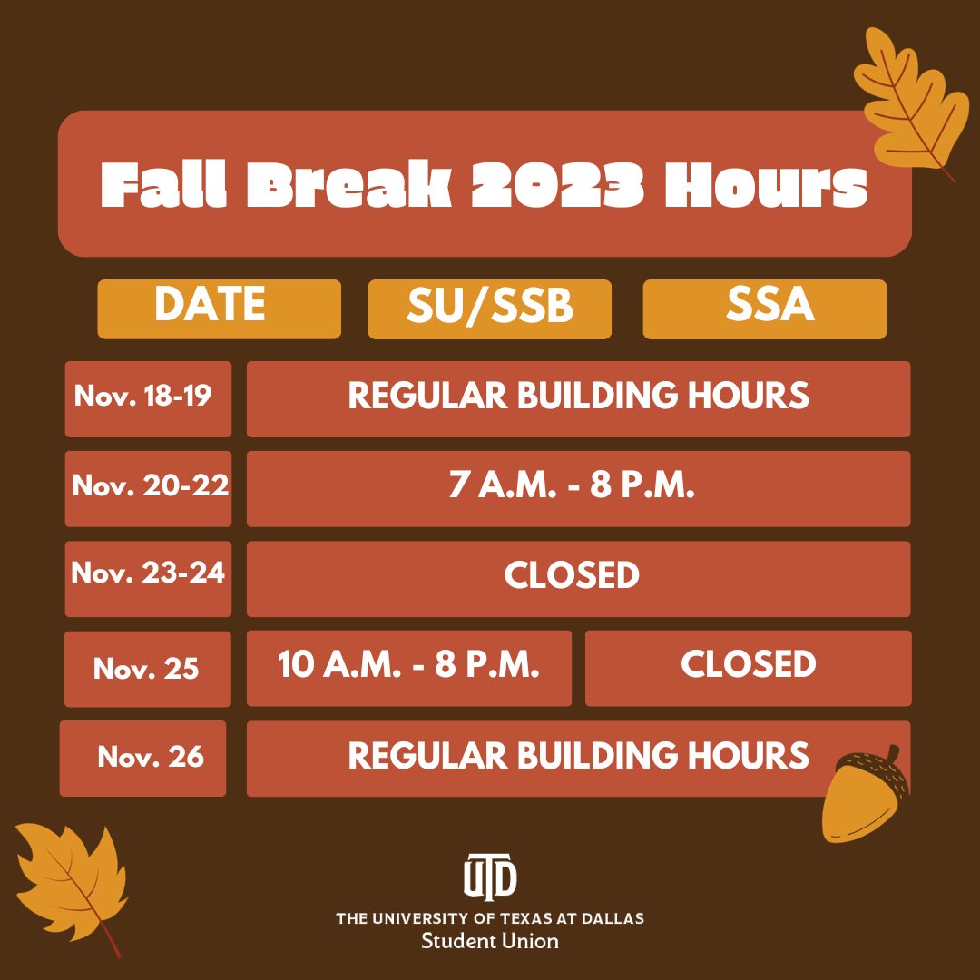 Comets, please see our building hours for the fall break. We hope you all have a relaxing time away from campus! 🍂