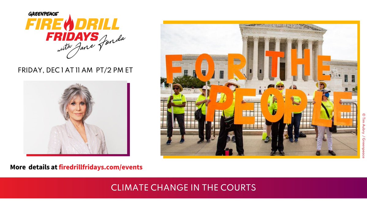 Things are getting 🔥! CA filed suit against #BigOil for their decades of lies & deception. Young people are suing governments over inaction. On 12/1 @ 11amPT/2pmET, join @JaneFonda & @agrobbonta for a convo about how our courts have become the new key climate battleground. ⚖️