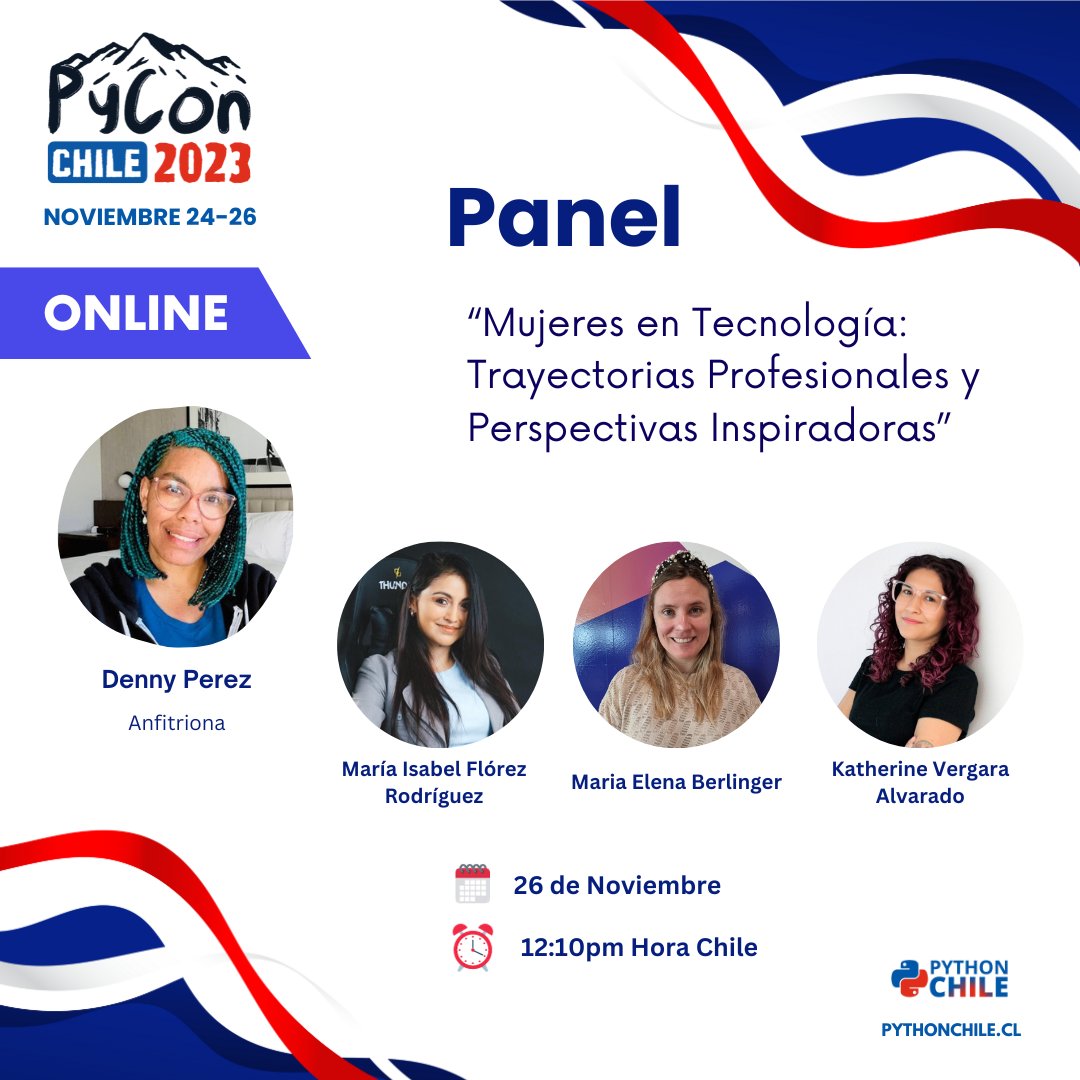 pythonchiledev's tweet photo. 📢¡Gran panel en #PyConChile23!🇨🇱🐍🚀
✨"Mujeres en Tecnología: Trayectorias Profesionales y Perspectivas Inspiradoras"✨, auspiciado por PyLadies Chile.
📅 26 Nov
🖥️ En línea
¡Únete y celebra el liderazgo femenino en tech!👩💻
¡Obtén tu ticket aquí:👇
https://t.co/1IH8jNWrwN https://t.co/4KfIRWsSjp