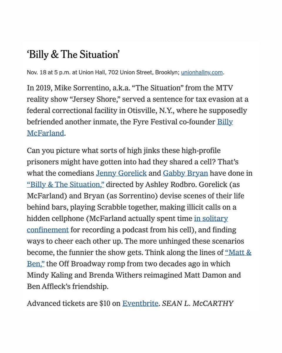 TOMORROW! Don't miss the 🌟NYT-Recommended🌟 Billy &amp; The Situation!

A one-act play performed by stand-ups and former New Jersey girlies <a href="/JennyGorelick/">Jenny</a> [Billy] and <a href="/gabbyisbryan/">gabbyisbryan</a> [Mike] that takes place in one cell at FCI Otisville🤡

Limited Tickets Left: tinyurl.com/s2cytm3e