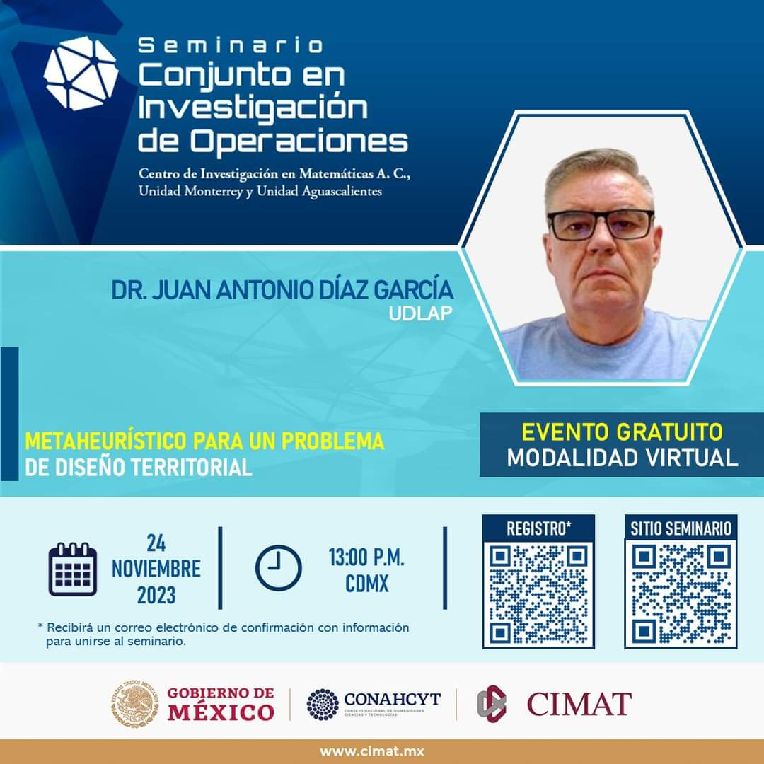 📣Participa en la siguiente sesión del Seminario Conjunto en #InvestigaciónDeOperaciones (SCIO) Modalidad Virtual.

📆 Viernes 24 de noviembre
⏰13:00 pm (tiempo de CDMX)
✍️Registro: seminario-cio.cimat.mx/form/registro-…

<a href="/cimatmty/">CIMAT Monterrey</a> #Conahcyt #CIMAT #InvestigaciónOperativa