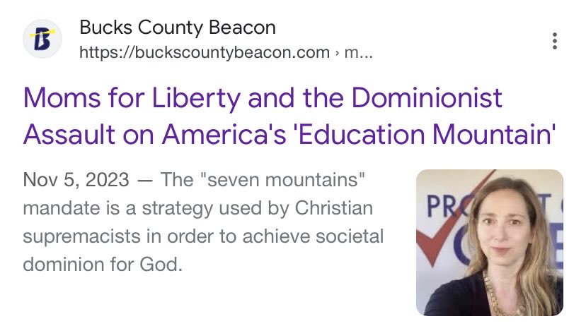 By now, many people know about the ties between Moms for Liberty & the Proud Boys. Fewer know about the ties between Moms for Liberty and dominionists. You cannot understand what is happening to our country without understanding dominionist involvement. 1/ buckscountybeacon.com/2023/11/moms-f…