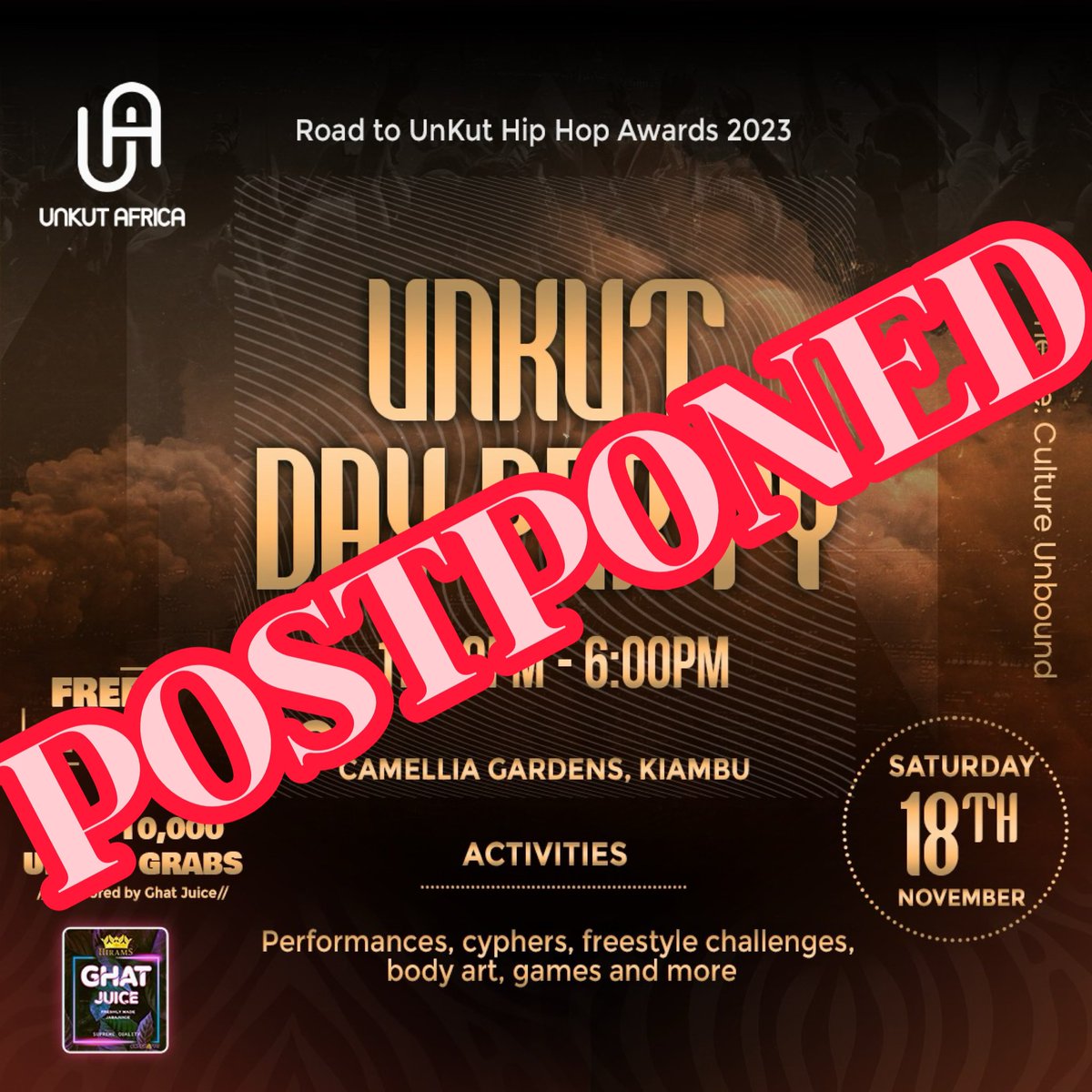 Unforeseen circumstances force us to postpone tomorrow’s #UnKutDayParty at Camellia Gardens. We’ll definitely be in touch with any developments concerning hosting a party on those ends. Apologies to everyone who was looking forward to this. @hiramsghatjuice @unkutafrica