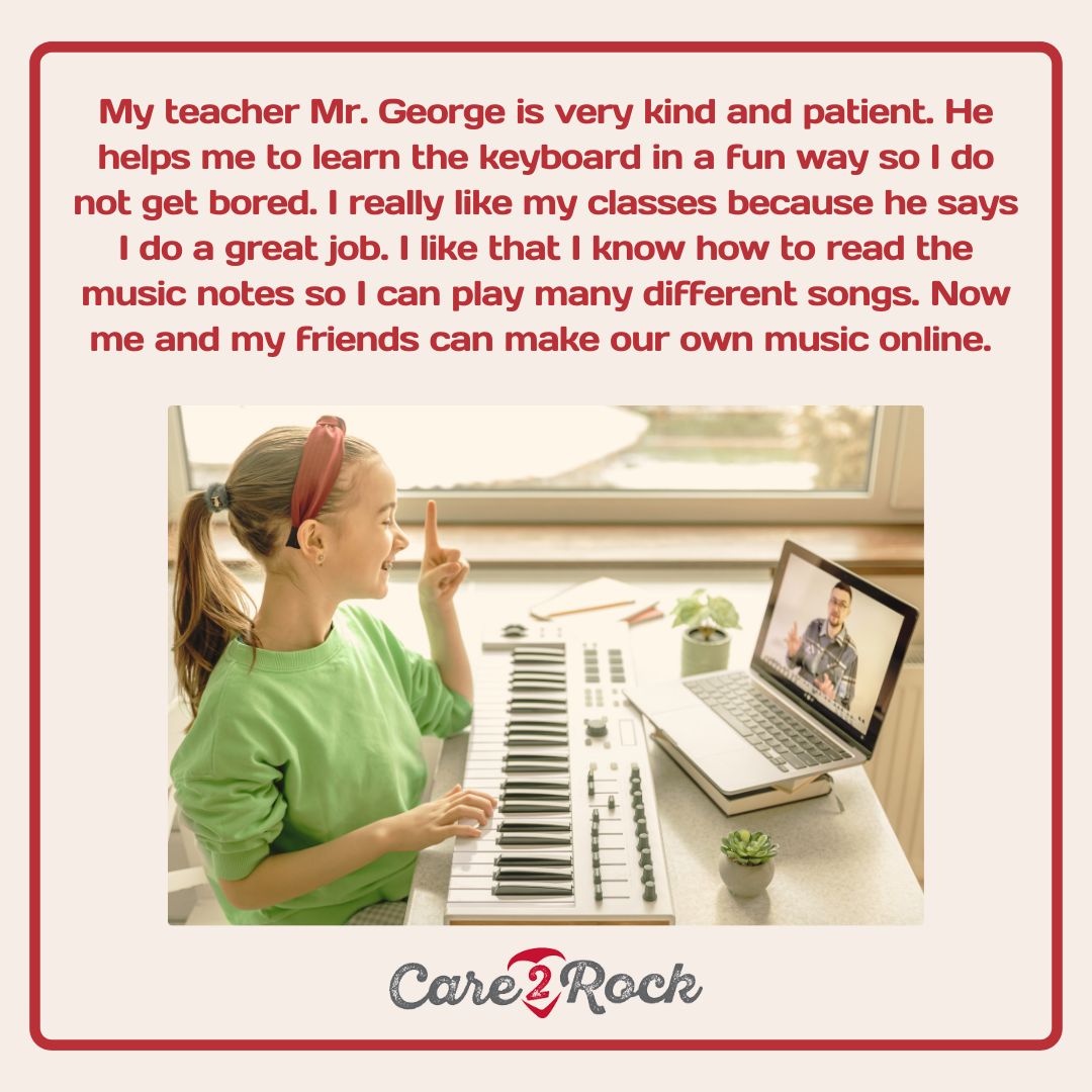 Ready to rock out? With Care2Rock, enjoy private online music lessons anytime, anywhere! Your lessons also support teachers mentoring foster care kids weekly for a year!🤝🎸 #Care2Rock #OnlineMusicLessons #MakeADifference" 
Start your 7-day FREE trial at care2rock.com!