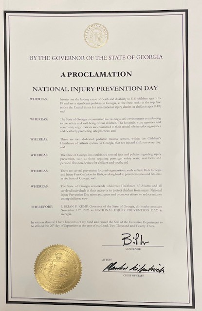 A8: (2/4) We were honored to receive a state-wide Injury Prevention Day Proclamation signed by Governor Kemp for Nov. 18. This is the second year we’ve received the proclamation. #BeInjuryFree @childrensatl @tarhealer @InjuryFreeKids