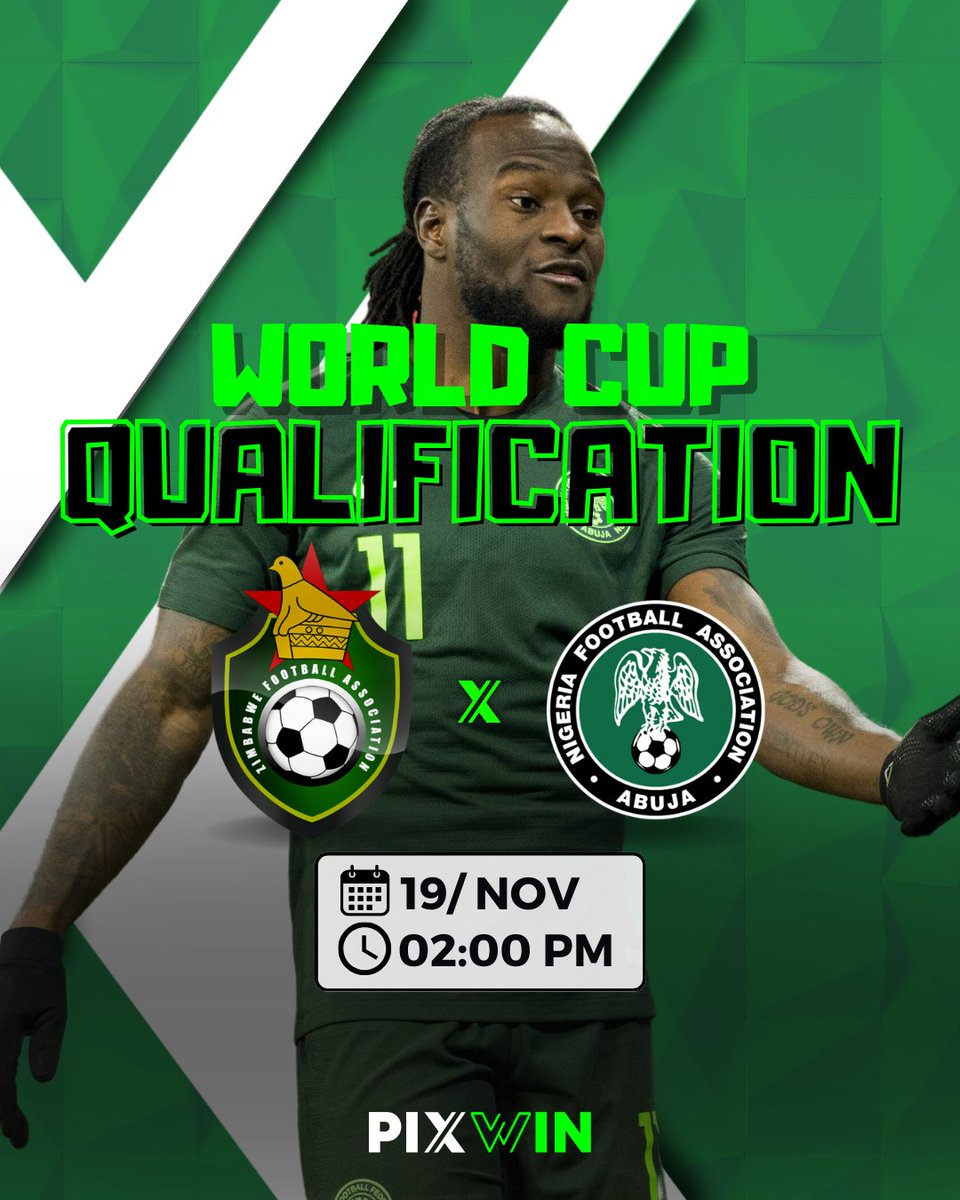 PixwinNG's tweet photo. 🌍⚽ Zimbabwe vs Nigeria: World Cup Qualifier Showdown! 🏆

Get ready for an electrifying match as Zimbabwe takes on Nigeria in the World Cup qualifiers! 🌟

#PixWin #WorldCupQualifiers #Zimbabwe #Nigeria #FootballFever #BestOdds 🥅🔥 https://t.co/8HGqEmDg4U