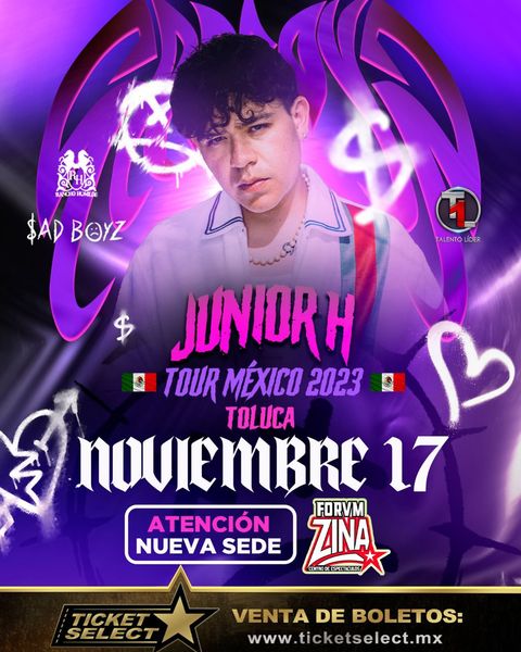 #ULTIMAHORA 📢 El concierto de Junior H que estaba contemplado en el Estadio de béisbol Toluca 80, se cambia al Domvs Forvm de #Zinacantepec.
HOY 17 de Noviembre, 9 pm.  boletos en ventas.ticketselect.mx/JUNIORHTOLUCA
